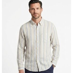 W.H. Belk Linen Button Down Shirt Mens XL Cream Blue Striped Long Sleeve Casual